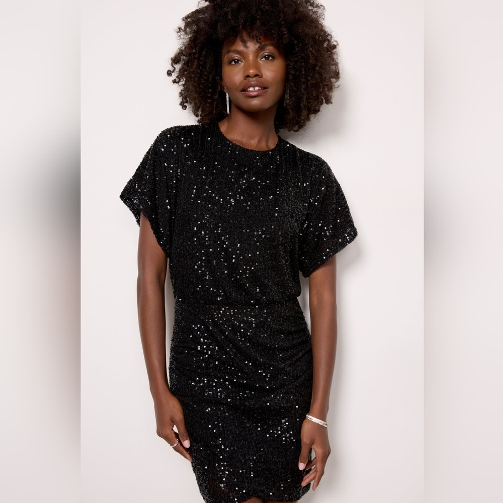 Z Supply Carmela Black Sequin Mini Dress Dolman Sleeve Fitted M Whimsigoth